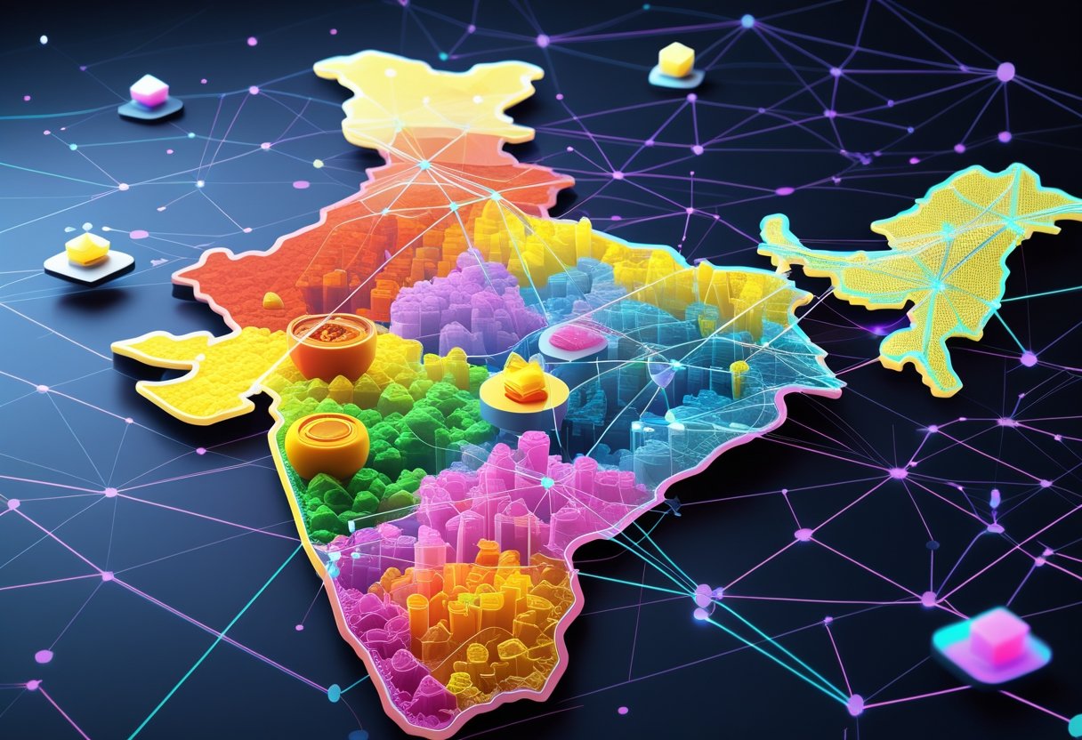 인도 남부 도시별 다양한 음식 스타일 분포와 이를 따르지 않는 콘텐츠 큐레이션 논리를 보여주는 3D 시각화 장면