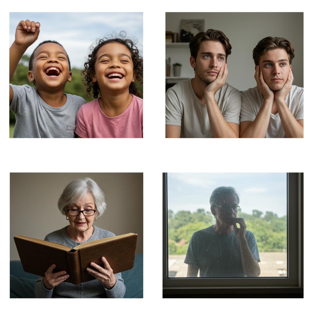 다양한 감정과 삶의 단계를 보여주는 4개의 사진 콜라주 - 야외에서 기쁘게 웃는 두 아이, 실내에서 지루하거나 우울한 표정의 두 청년, 책을 읽는 미소 짓는 노년 여성, 창가에서 홀로 서서 밖을 바라보는 사람의 실루엣