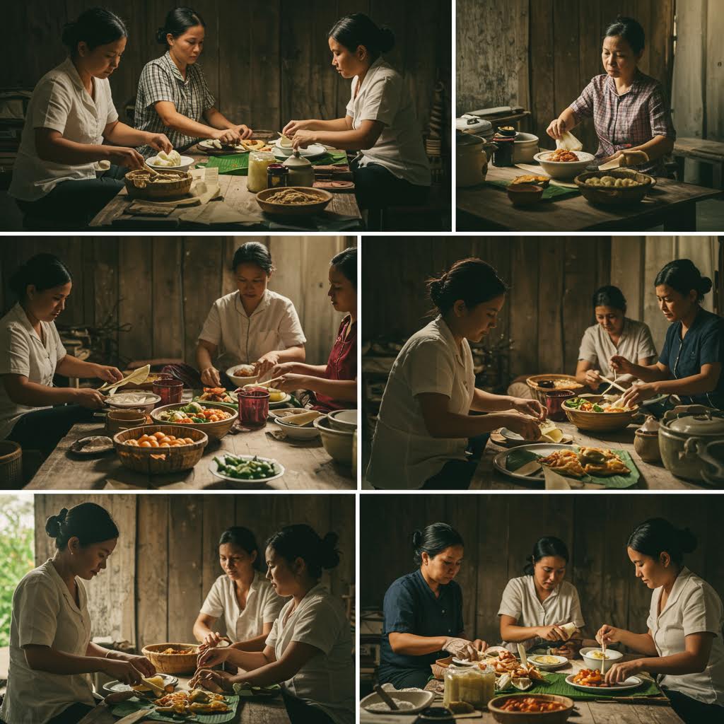 나무 식탁 위에서 전통 음식을 함께 준비하는 온카스터디의 따뜻한 순간