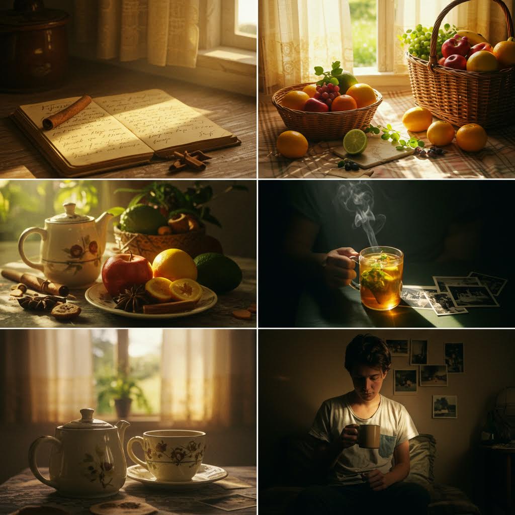 창가의 따스한 햇살 아래 과일과 차, 그리고 오래된 노트가 어우러진 아늑한 오후의 순간