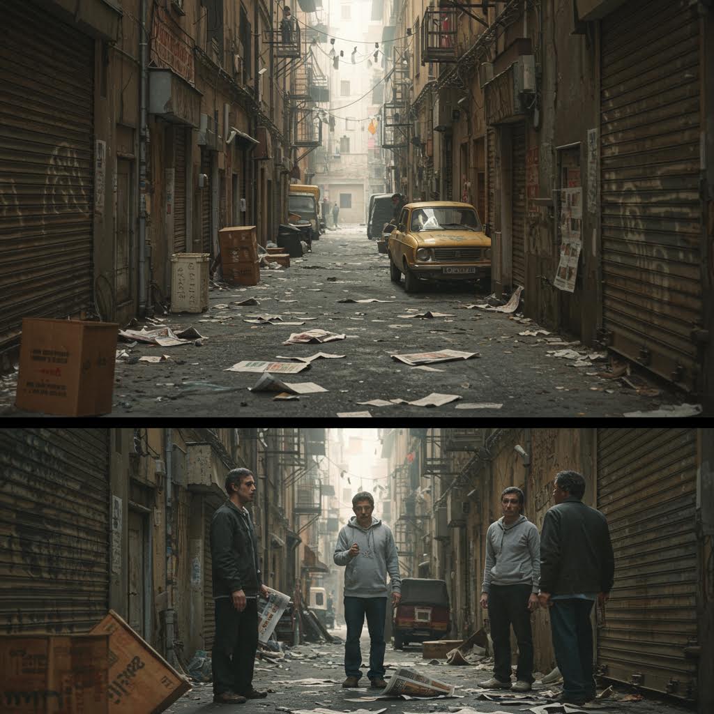 낡은 골목길과 흩어진 신문들 사이에서 대화를 나누는 남성들의 모습으로, 온카스터디가 사회 변화와 도시 재생 문제를 탐구하는 연구적 시각을 담아낸 장면.