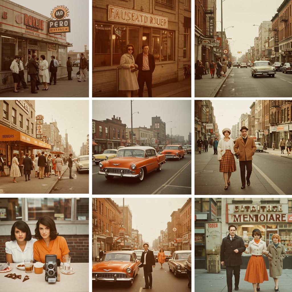 클래식 자동차와 복고 패션이 어우러진 온카스터디 시티 라이프