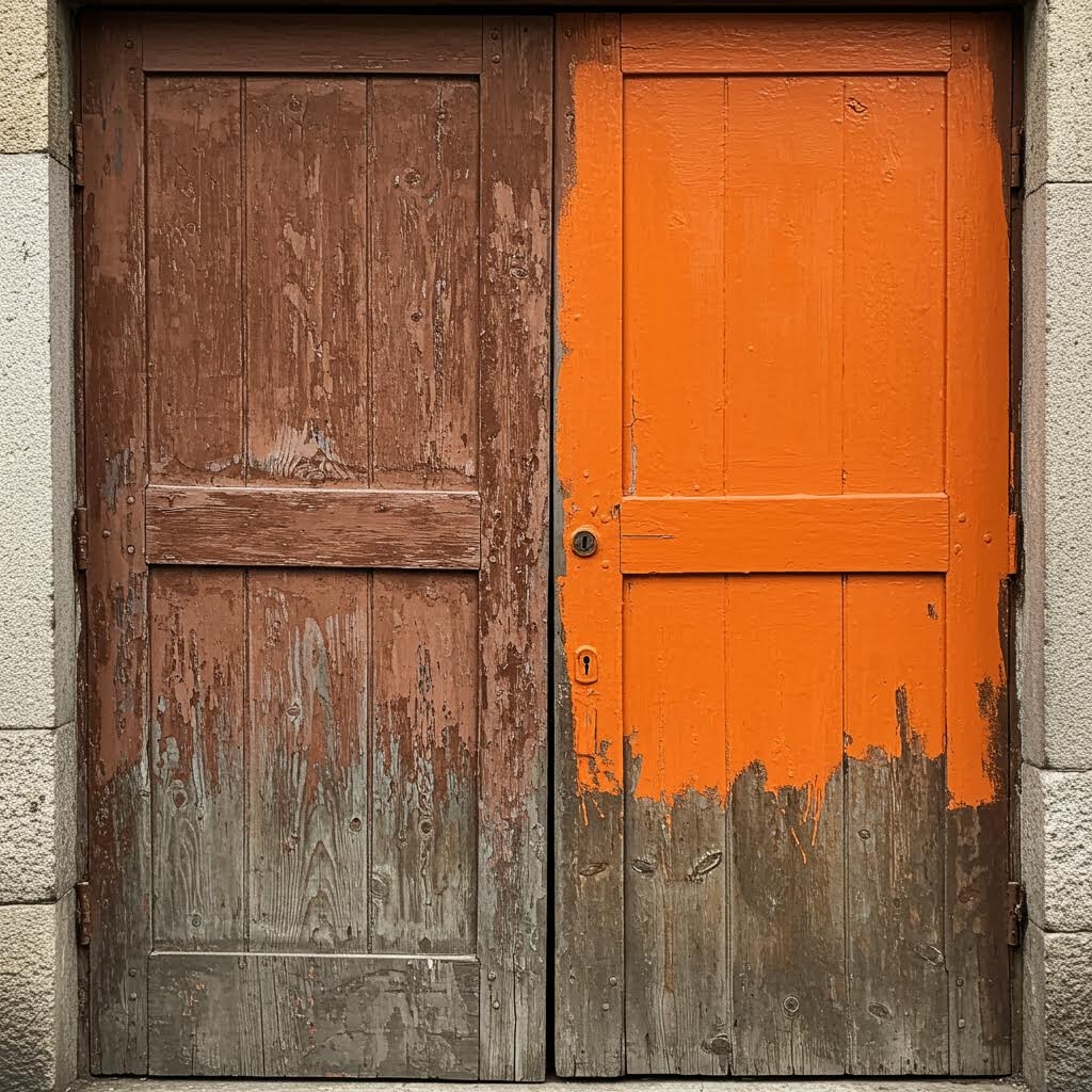 오래된 나무 문과 주황색 페인트 - 낡은 갈색 문 옆에 밝은 오렌지색으로 칠해진 문, 변화와 대비 개념