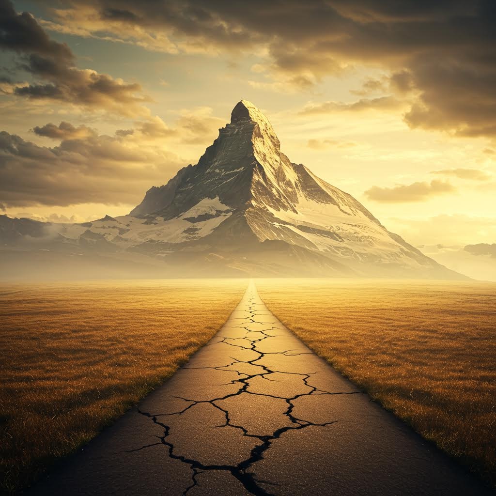 산을 향한 길 - 눈 덮인 봉우리로 이어지는 갈라진 도로, 목표와 도전을 상징하는 영감 이미지