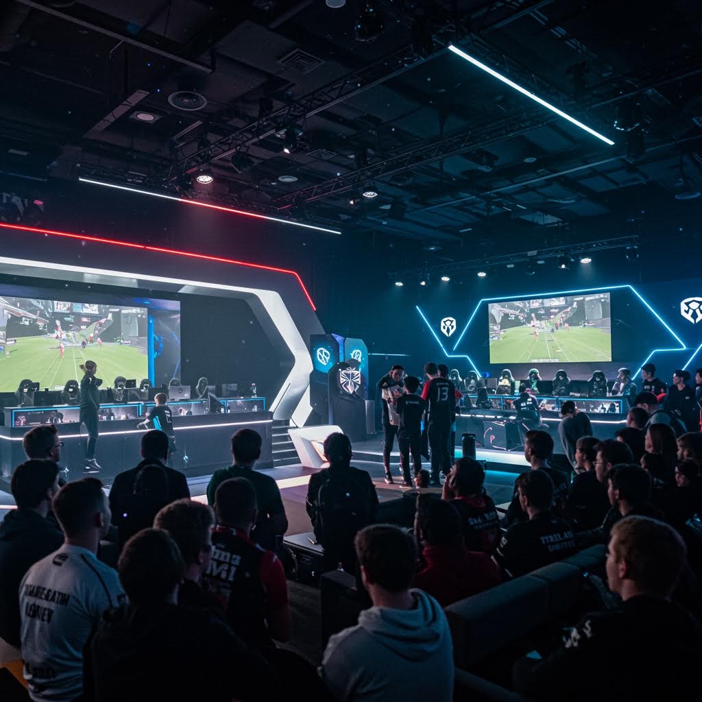e스포츠 대회 현장 - 대형 스크린과 네온 조명 아래 관중들이 지켜보는 프로게이머 경기장 내부