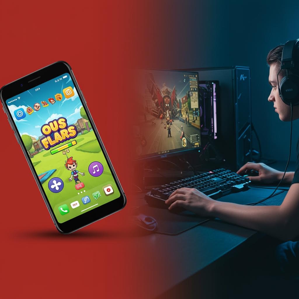 모바일과 PC 게임 플레이 - 스마트폰 게임 화면과 헤드셋을 착용한 PC 게이머의 멀티 플랫폼 게임 개념