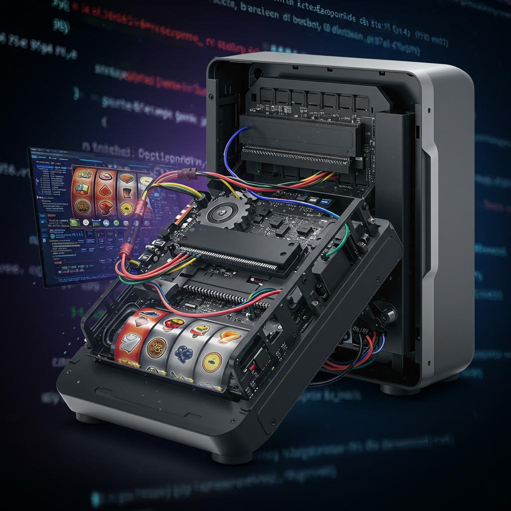 슬롯머신 내부 하드웨어 구조 - 회로 기판, 케이블, 디스플레이가 보이는 카지노 기기 분해 이미지