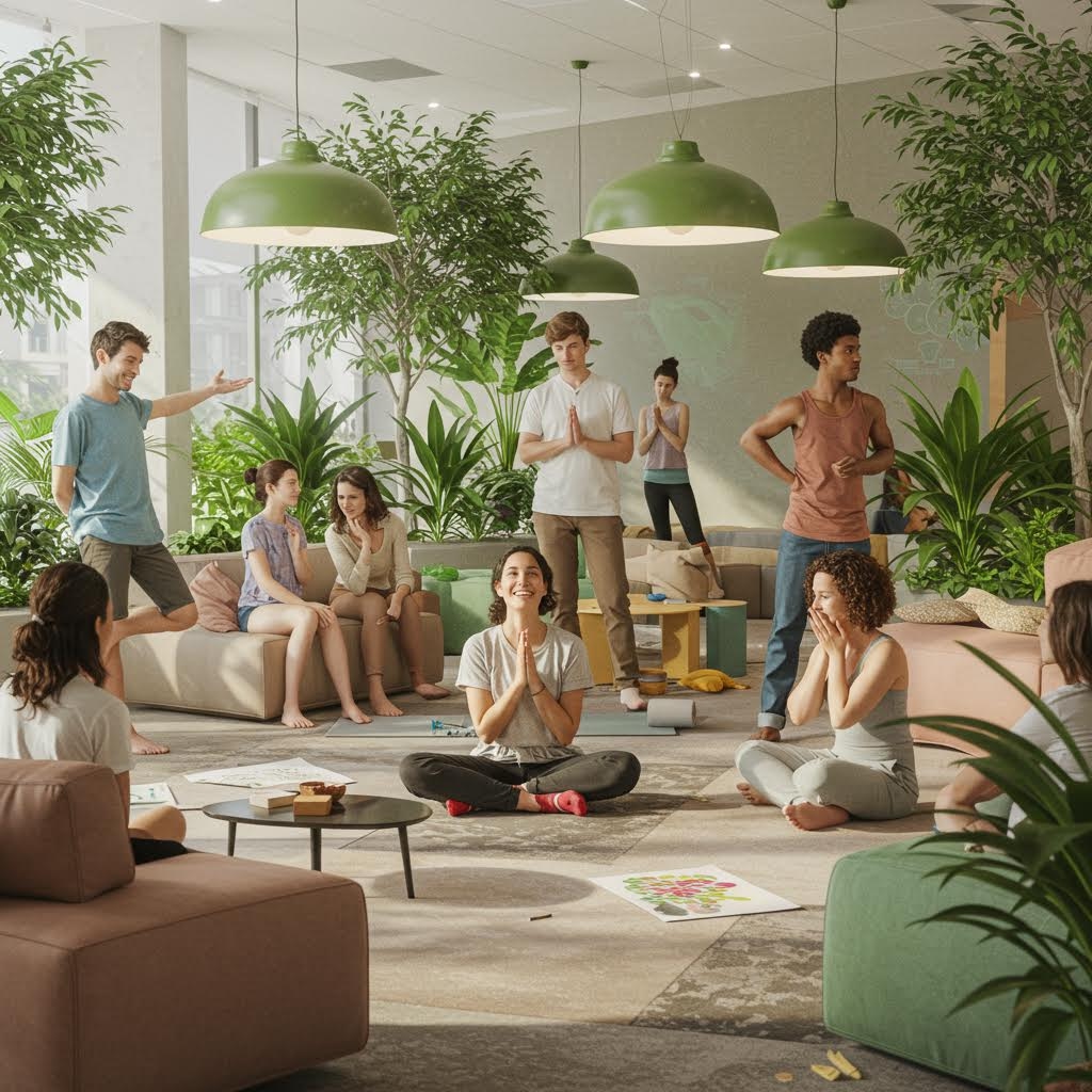 녹색 펜던트 조명과 풍부한 식물이 있는 밝고 현대적인 공간에서 요가와 명상을 하는 사람들의 웰빙 그룹