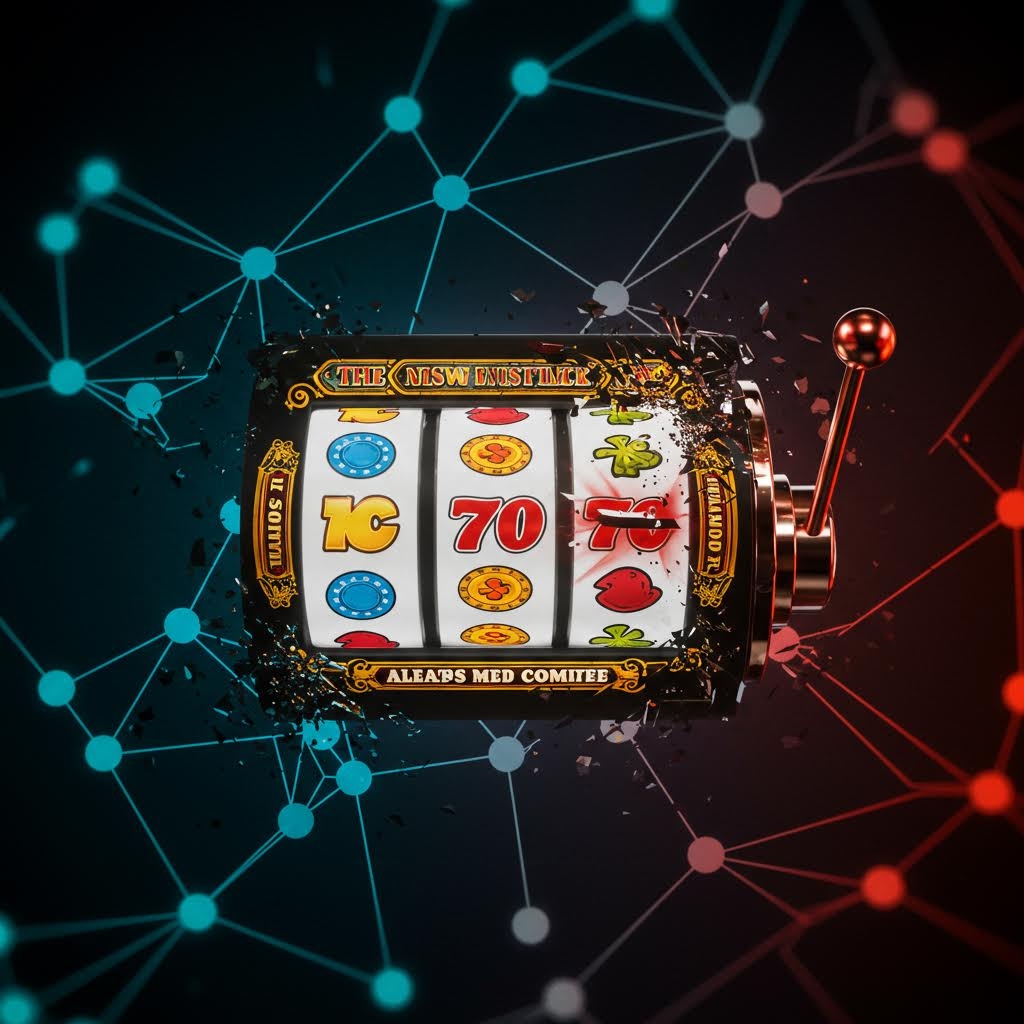 네트워크 기반 슬롯머신 3D 일러스트 - 블록체인 노드 배경에 떠 있는 디지털 카지노 슬롯 게임 그래픽