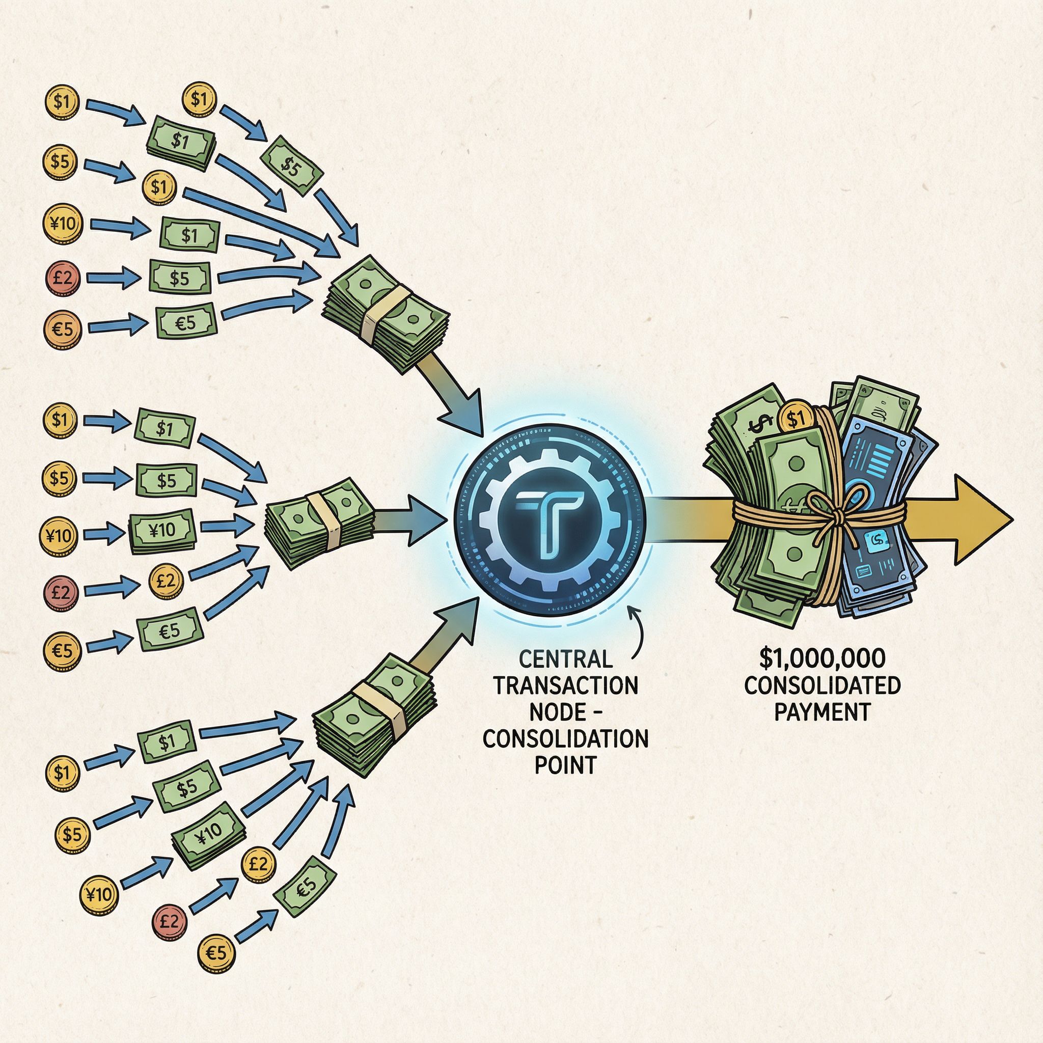 작은 화살표가 여러 개의 소규모 결제 금액을 모아 하나의 큰 묶음으로 합치는 과정을 중앙 노드에서