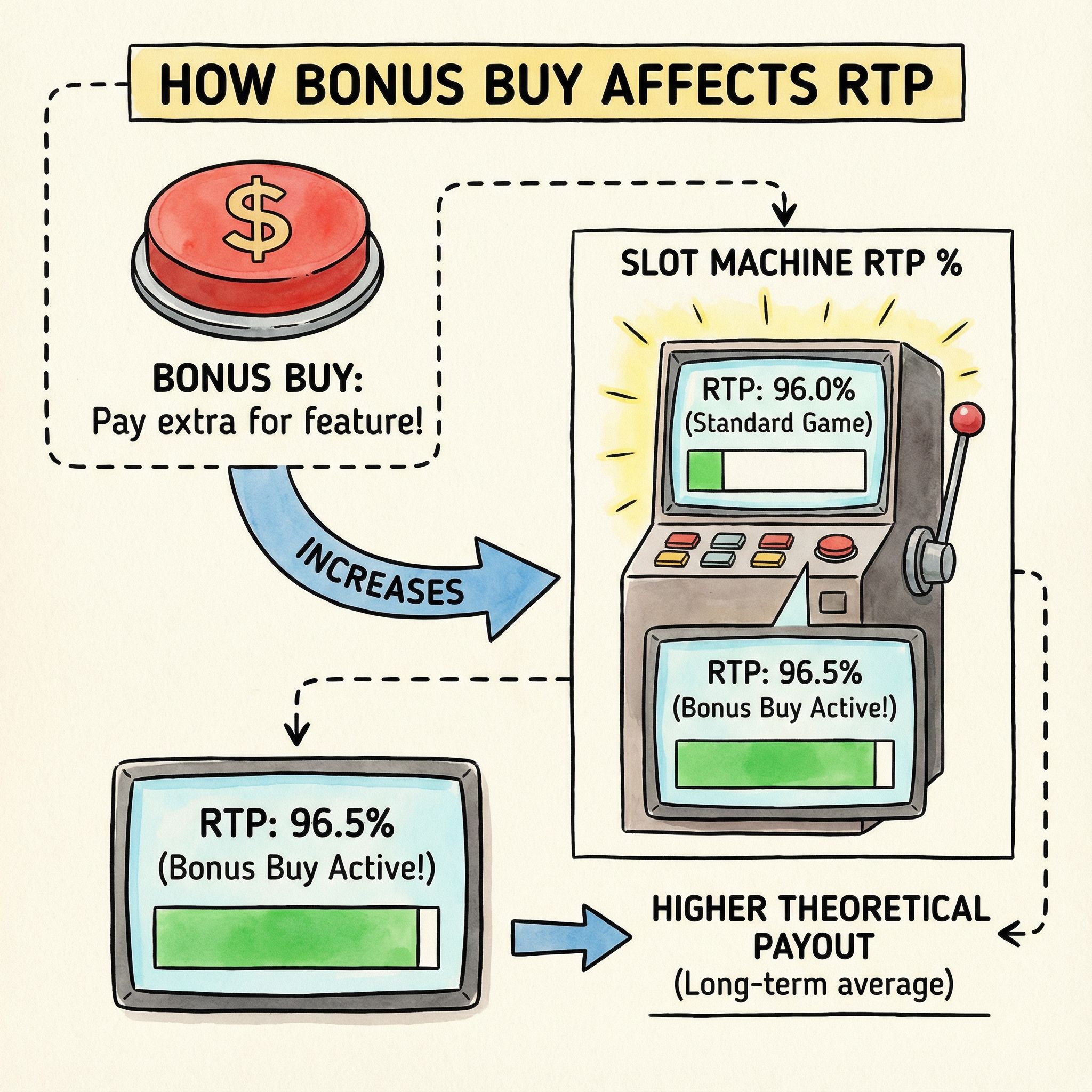 보너스 구매 버튼이 슬롯 머신의 RTP 비율을 높이는 과정을 화살표로 연결한 일러스트 형식의 흐름도입니다.