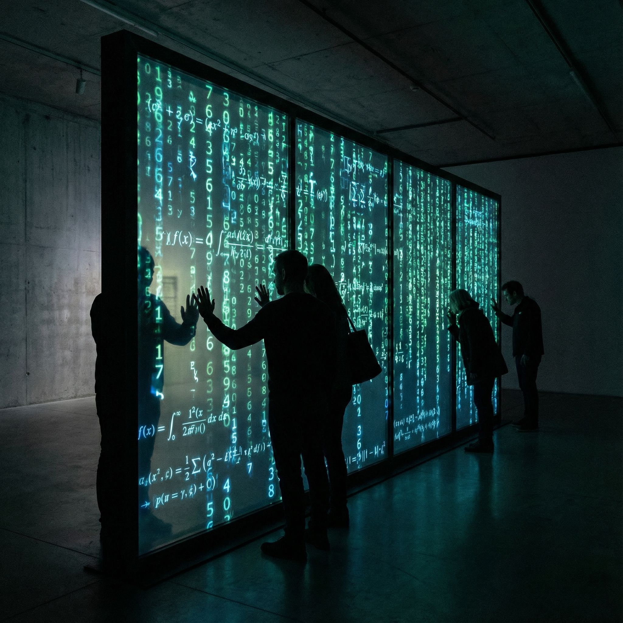 반투명한 벽면에 숫자와 기호가 유동적으로 흐르며, 그 뒤로 흐릿한 형체들이 벽을 보거나 통과하려는 모습이다.