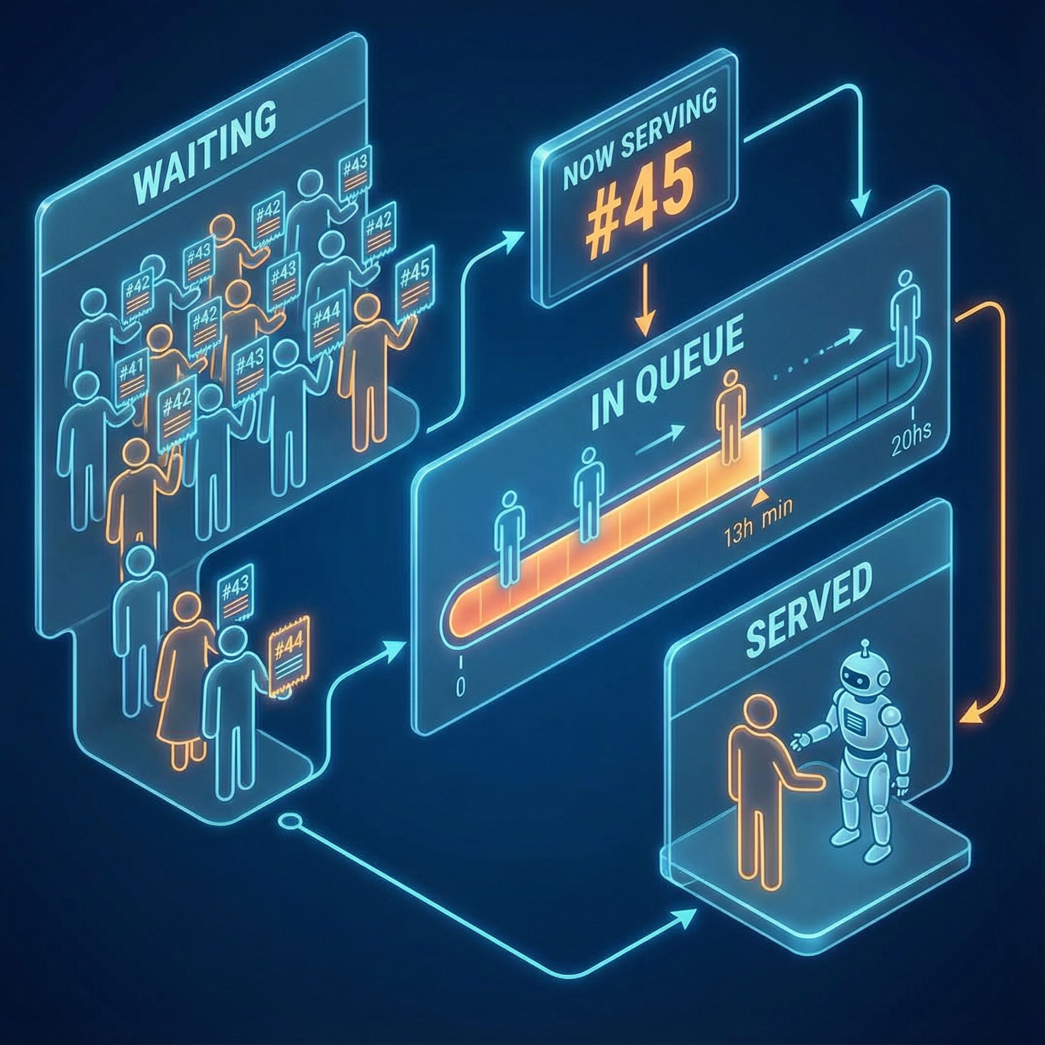 대기 인물들이 화면 속에 모여 순번이 흐르고 중앙 바가 이동 경로를 시각화하는 구조적 장면