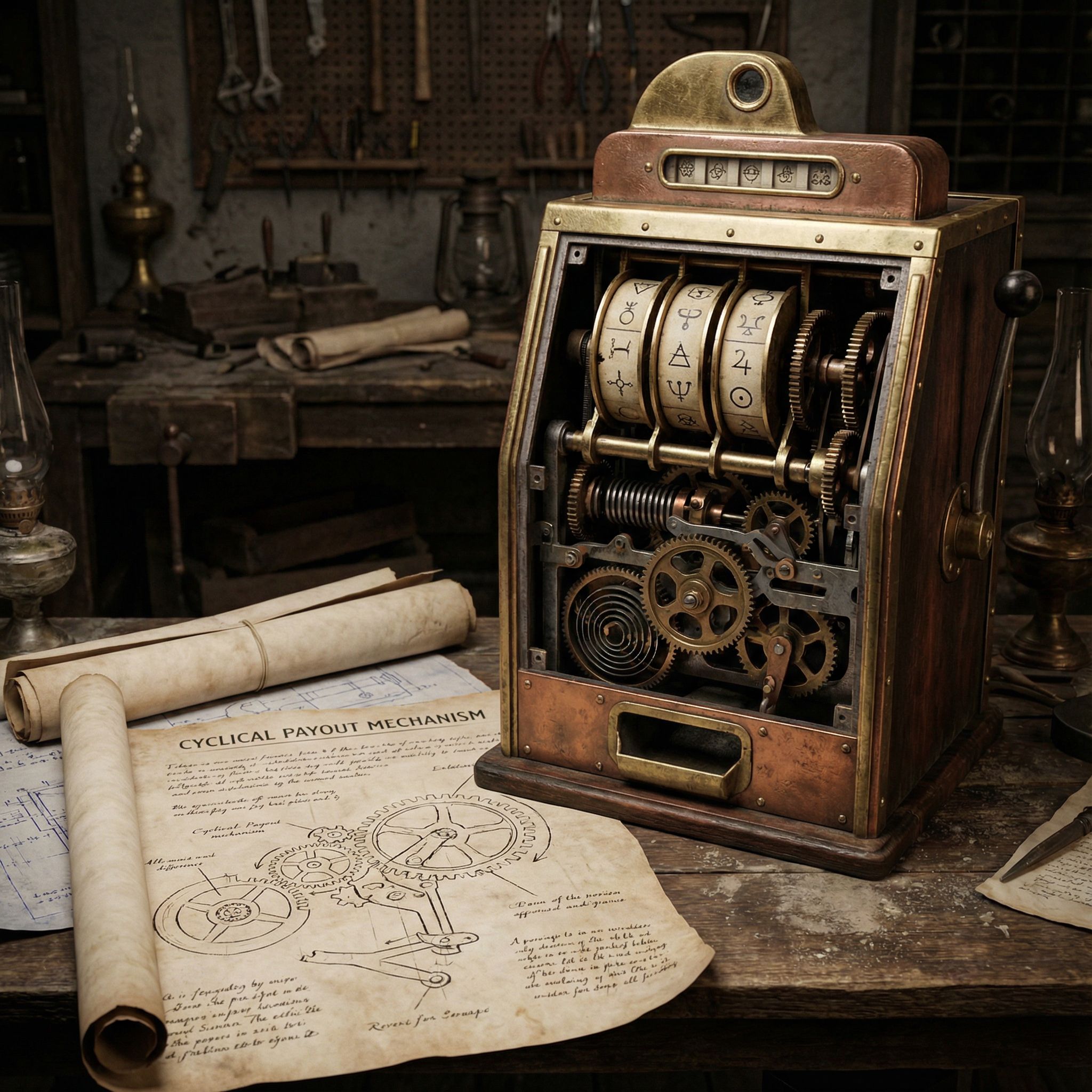 톱니바퀴와 릴이 드러난 고대 도박 기계가 순환적 지급 메커니즘 설계도와 함께 놓여 있는 모습이다.