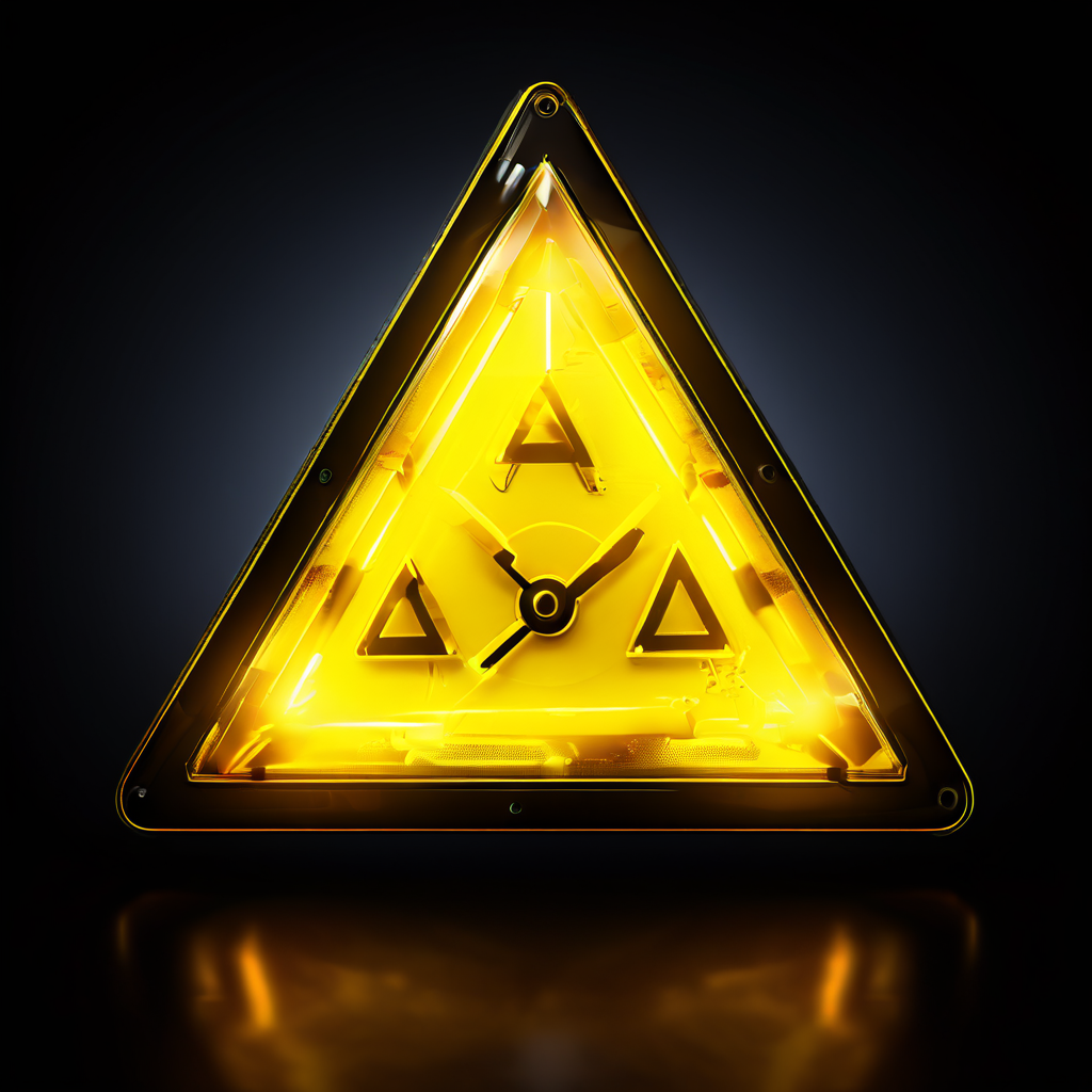 검은 배경 위에 유튜브 인터페이스를 배경으로 빛나는 노란색 경고 삼각형이 놓여 있고, 그 안에는 시계와 느낌표 아이콘이 들어 있습니다.