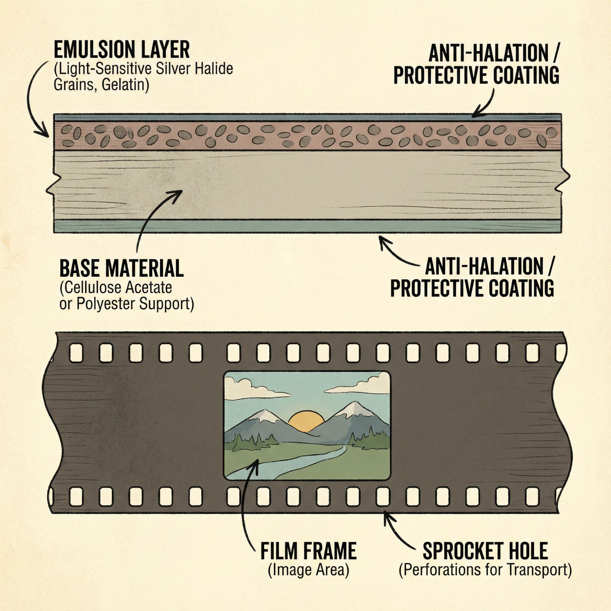 필름 릴의 단면을 보여주는 상세 도식으로 여러 층의 물리적 구조와 스프로킷 구멍, 프레임이 명확히