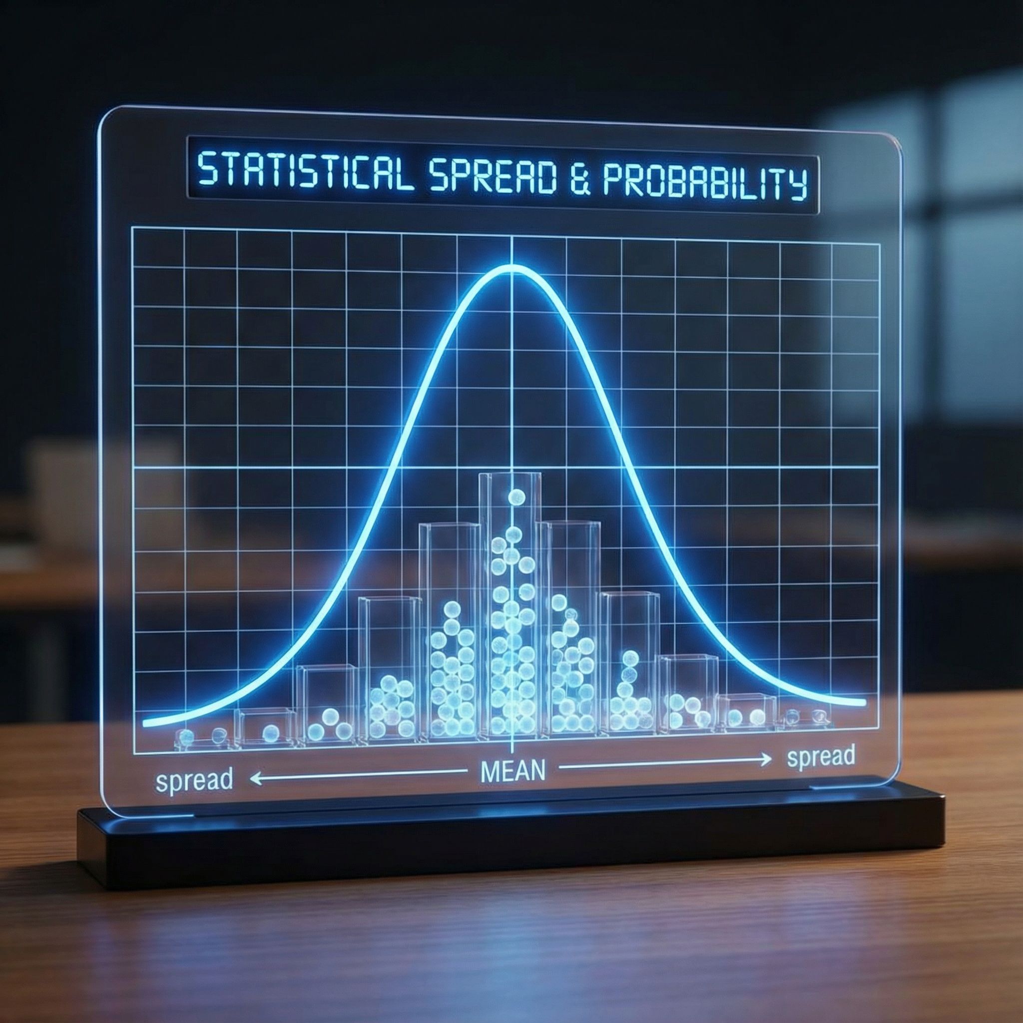 투명한 패널 위에 종 모양 곡선과 점들이 쌓여 중심값을 향해 분포를 그려내는 분석의 장면.