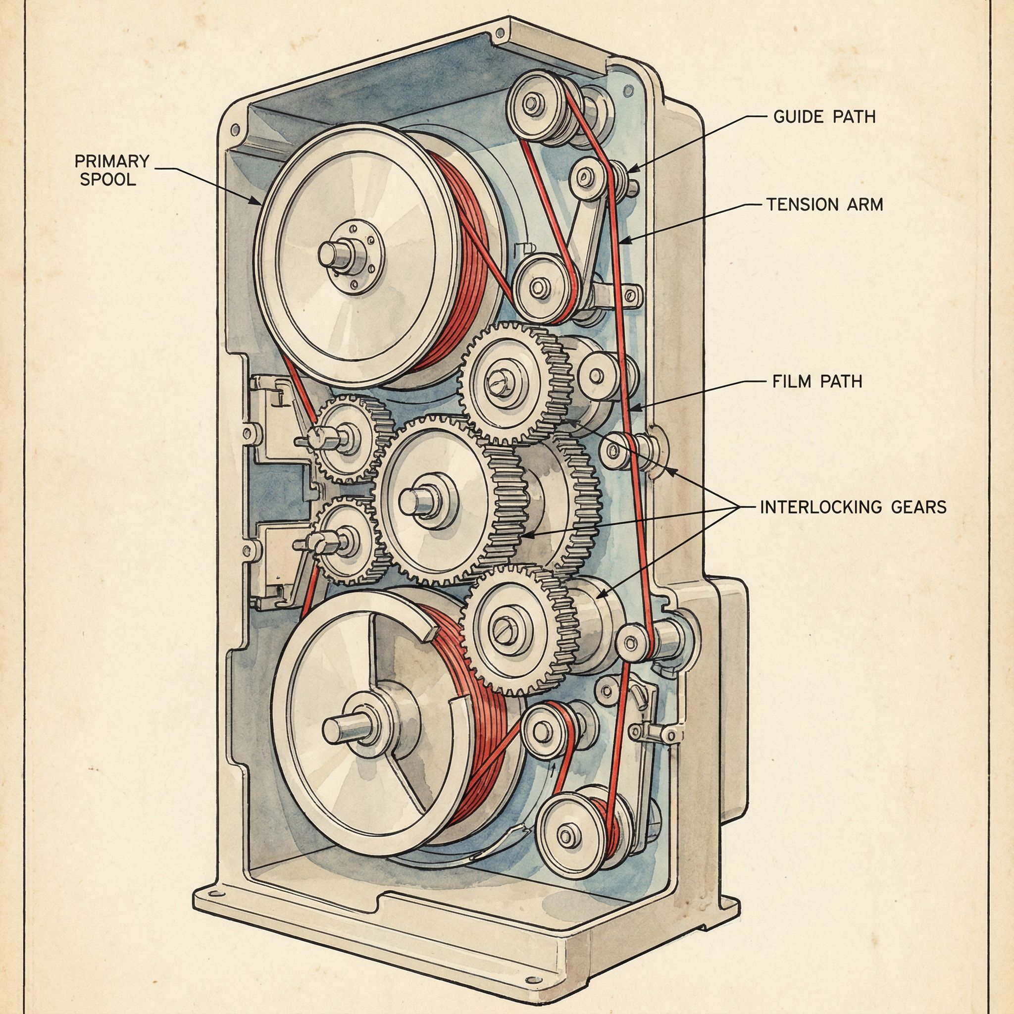 여러 개의 연동된 릴과 그 사이를 통과하는 케이블 경로를 보여주는 단면 구조도이다.