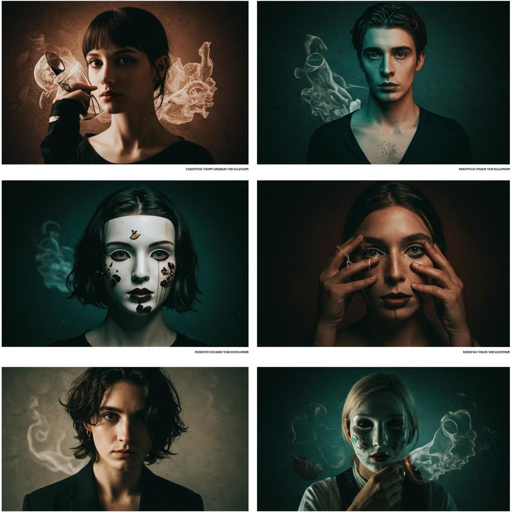 연기 효과가 있는 6개의 예술적 초상화 콜라주, 다양한 인물들이 극적인 조명과 초현실적인 분위기 속에서 표현됨