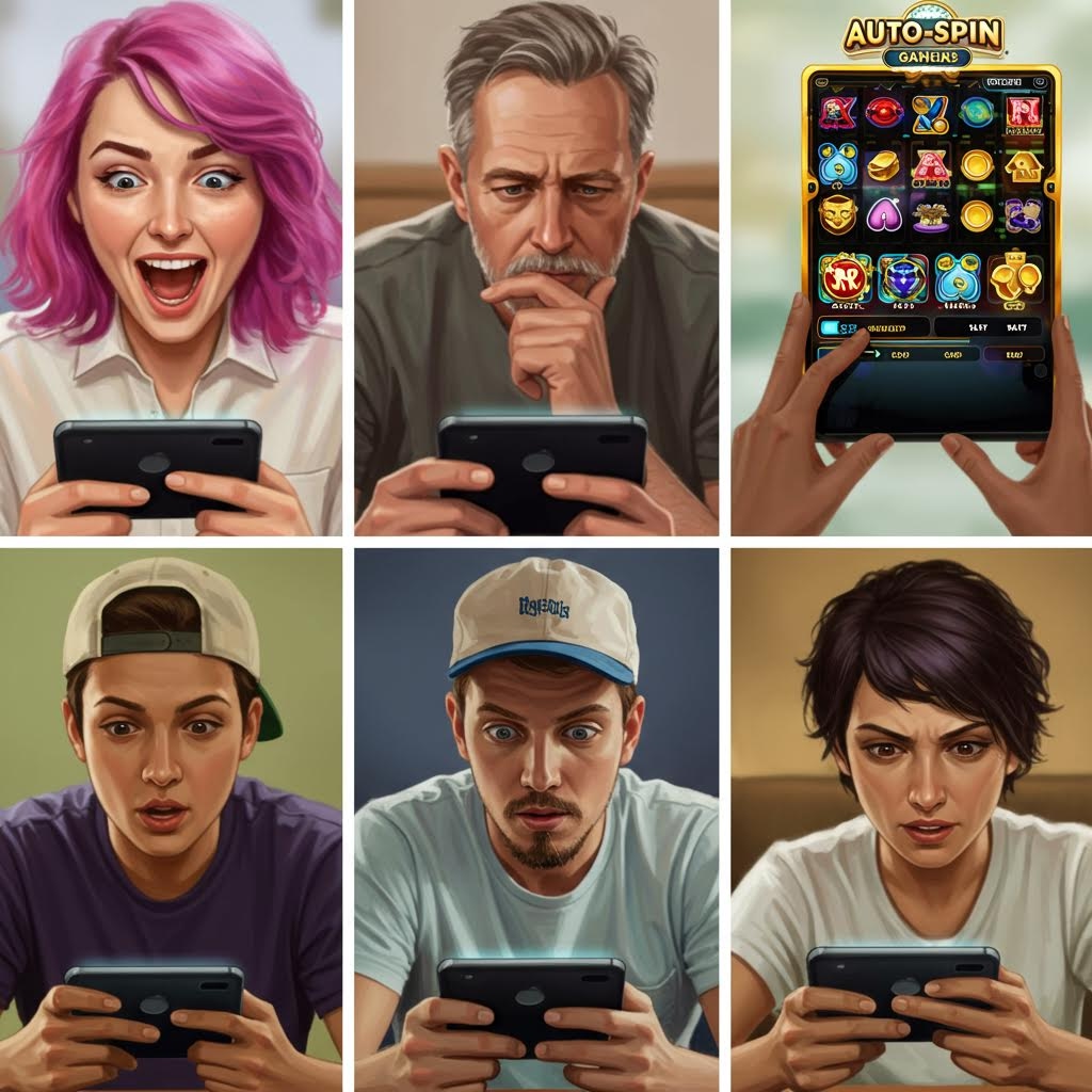 스마트폰으로 온라인 게임을 하는 6명의 다양한 표정을 가진 사람들 - 흥분, 집중, 긴장의 감정을 표현한 일러스트 콜라주