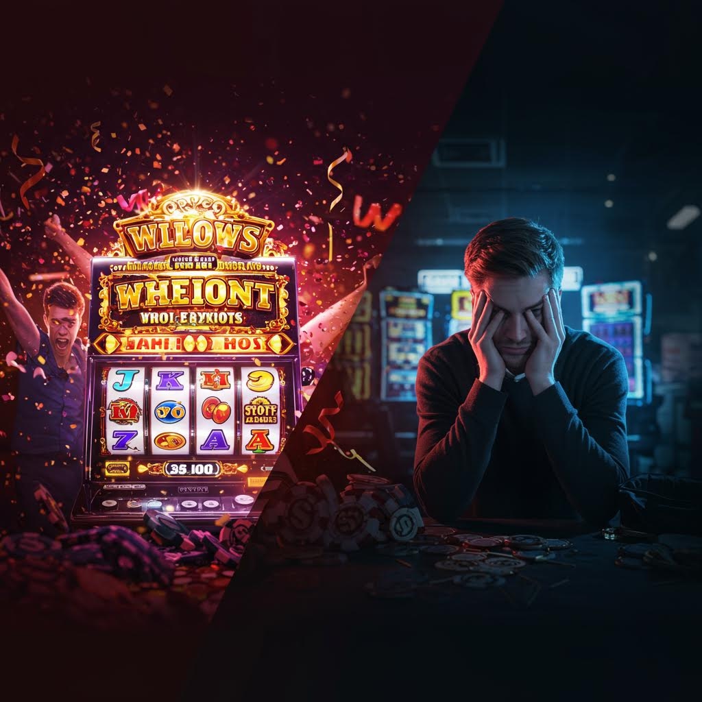 어두운 방에서 빛나는 슬롯머신 앞에 앉아 좌절한 표정으로 머리를 감싸고 있는 남성, 도박 중독의 어두운 현실을 표현