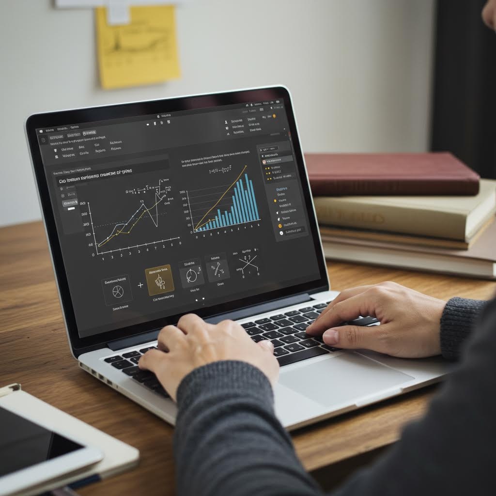 노트북 화면에 데이터 분석 차트와 그래프가 표시된 채 책상에서 작업 중인 사람의 손, 업무 환경에 노란 메모지와 책들이 보임