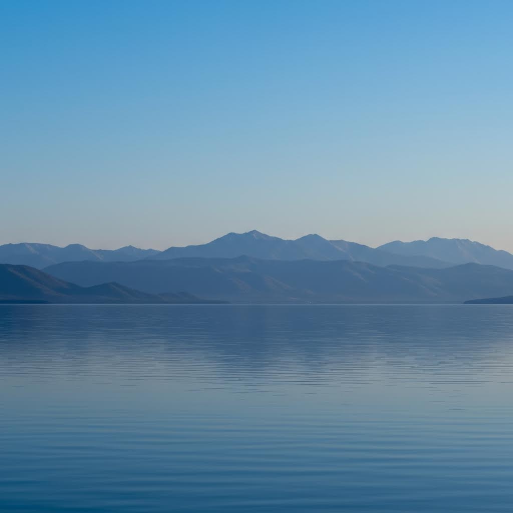 맑고 고요한 푸른 호수 위로 안개 낀 산맥이 겹겹이 펼쳐진 평화로운 자연 풍경