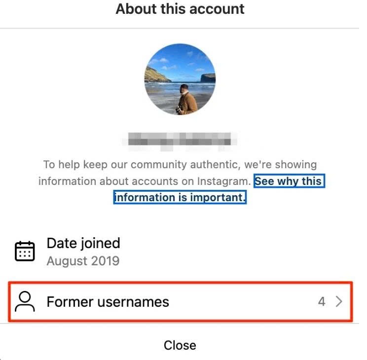 Instagram’s About This Account section showing the account creation date and username change count to help assess possible impersonation.
