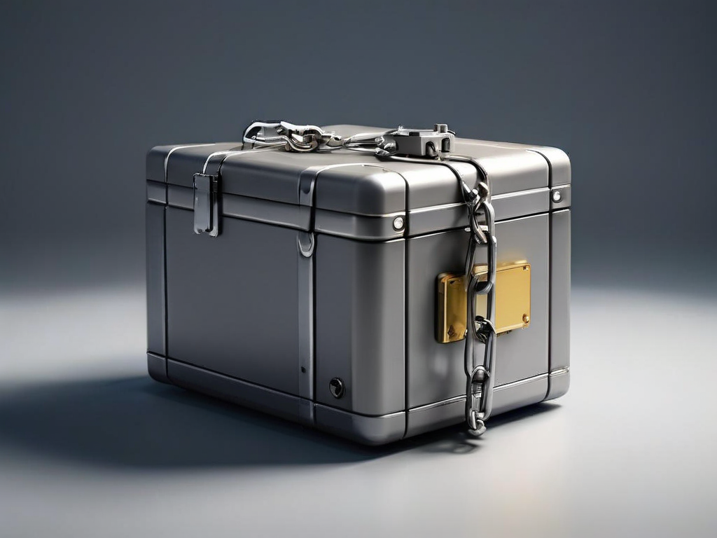A sealed metal lockbox with a short chain and three small cube blocks representing file locations on a gray surface.