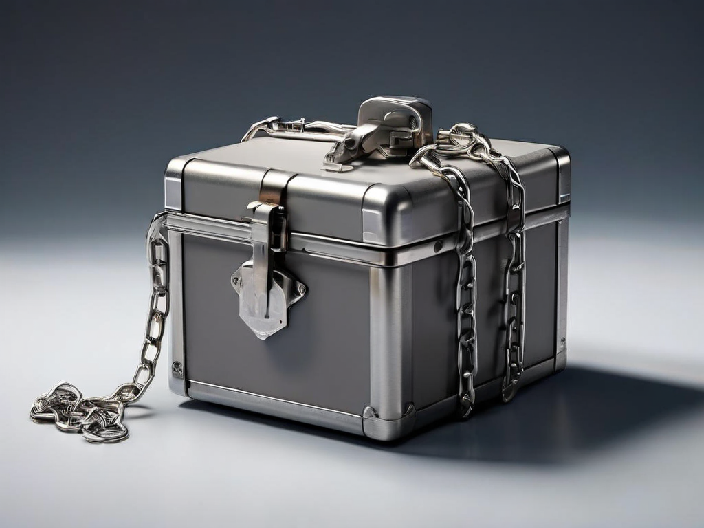Storage case with metal chain and small blocks representing connected app file locations.