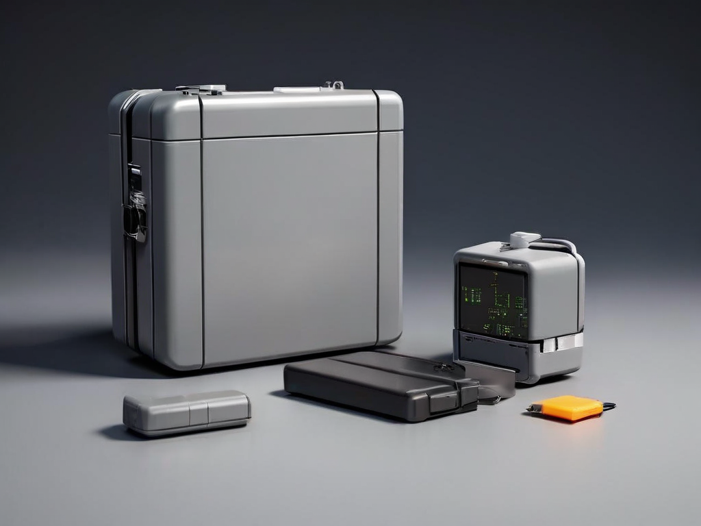 Three blank data blocks stacked beside a portable storage drive and a small capacity gauge on a matte gray surface with soft side...