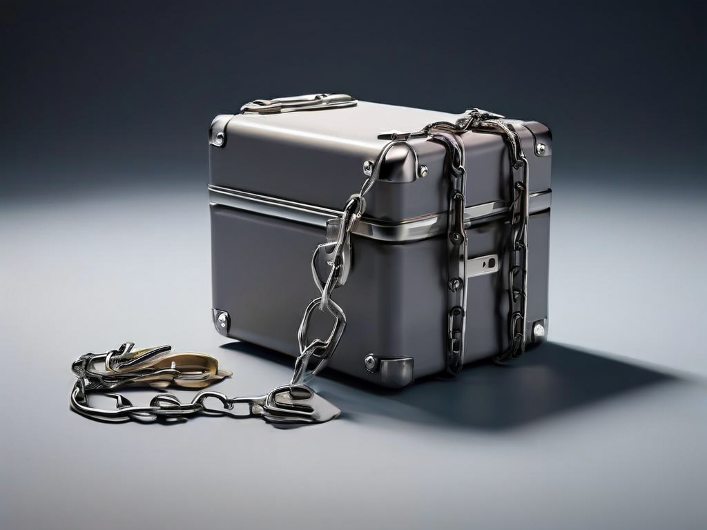A sealed metal case with a short chain, beside small concrete blocks, on a matte gray surface under soft light.