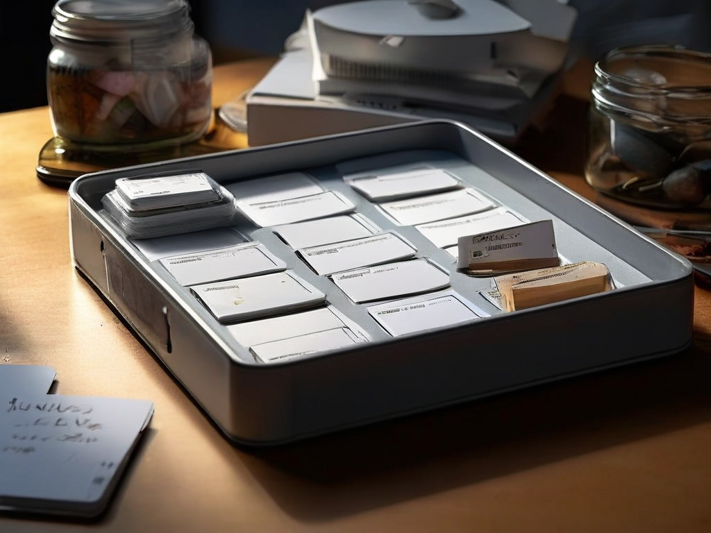 Gray reference card tray holding domain name cards and address block cards on a matte studio surface.