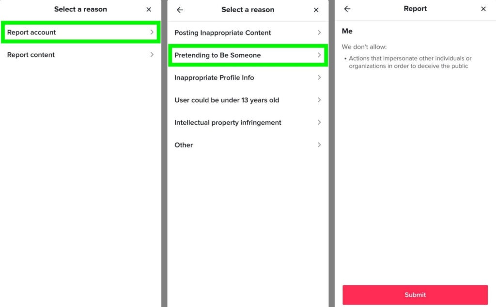 Steps for reporting a social media impersonation account by selecting Report Account, Pretending to Be Someone, and submitting the report.